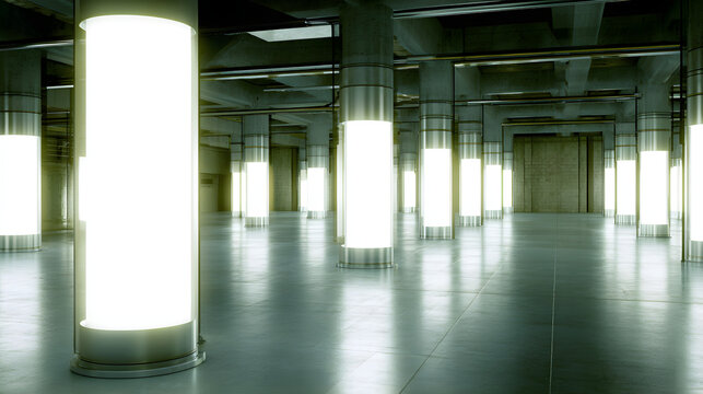 Glowing light columns in an abstract architectural space, evoking a futuristic vision of harmony and innovation