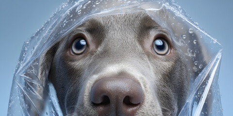 Dog Under The Rain Protection: An adorable, curious canine is caught in a whimsical moment, gazing with wide-eyed wonder while sheltered beneath a clear raincoat. Embodying playful innocence.