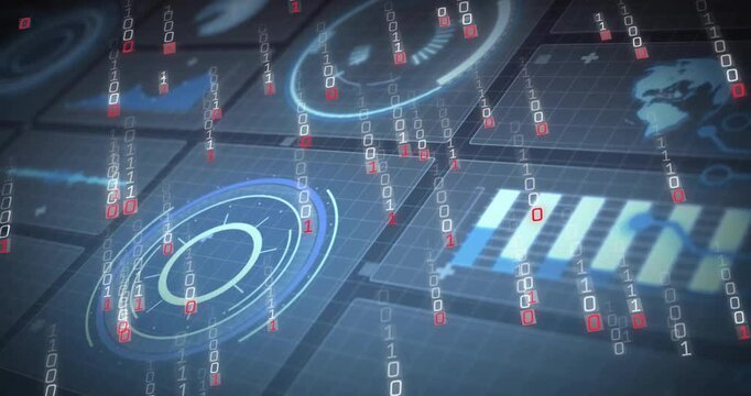Blue glow activating holographic dashboard panels and binary code cascading visualizing data