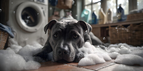 Paws in Bubbles: A playful canine relaxes amid a soapy, bubbly, sudsy atmosphere inside the laundry room, exuding a captivating blend of curiosity and contentment.