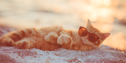 Beach Cat's Summer Relaxation: A ginger cat, adorned with sunglasses, enjoys the bliss of a sunny day while lounging at the beach, capturing the essence of relaxation and vacation.