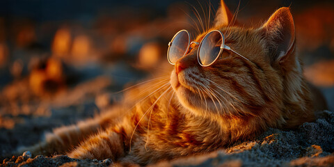 Cat's cool retreat: A ginger cat with round spectacles basks in golden sunlight, reveling in the warmth and tranquility of a perfect day.