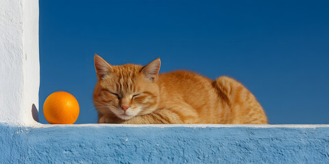 Cat's Nap in the Sunshine: A ginger cat with its eyes closed sleeps soundly beside an orange, basking in the warmth of the sun with a clear blue sky in the background.