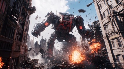 Massive robot warrior destroys urban cityscape in post-apocalyptic war.
