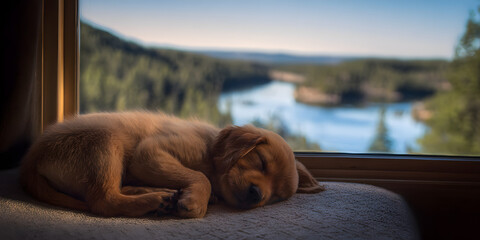 Puppy Napping by Window: A golden retriever puppy sleeps soundly on a window seat, overlooking a serene lake and forest landscape. The tranquil scene evokes feelings of peace and warmth.
