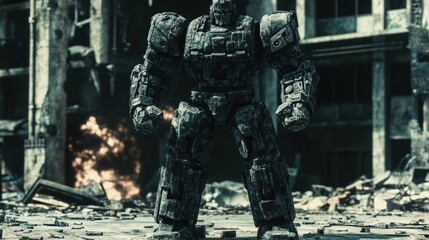 Massive, stone-like robot stands amidst a bombed-out cityscape, a scene of destruction and devastation.
