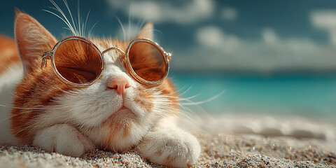 Cat at the Beach: This photo perfectly captures the serene image of a charming cat basking on a sandy beach, complete with stylish sunglasses. A true vacation and relaxation vibe. 