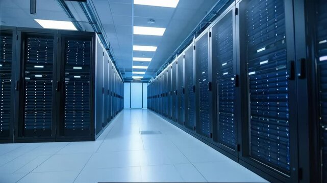 Interior view of a long, brightly lit server room with rows of black server racks against the walls, with tiled floor and suspended ceiling