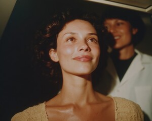 Supportive Mammogram Healthcare Happy Female Doctor Assisting Woman During Breast X-ray Exam in Modern Medical Facility for Patient Comfort