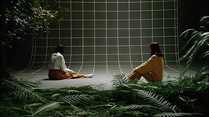 Two women seated on a lush green floor, surrounded by ferns, facing a grid-patterned backdrop, creating a serene and contemplative atmosphere in a creative studio space