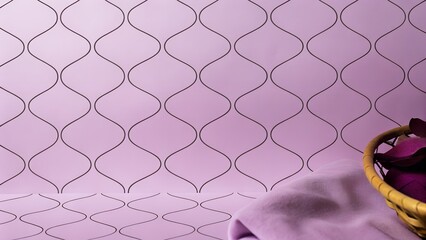 Soft purple background with wavy line pattern, featuring a woven basket filled with fabric, creating a cozy and inviting atmosphere for design and decoration purposes
