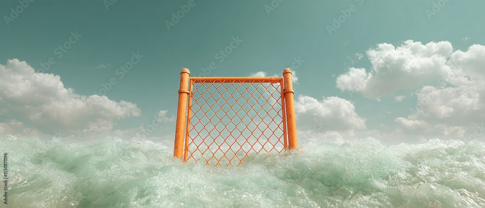 Aufkleber Flood Monitoring Flash Flood Warning Sign Partially Submerged in Turbulent Waters Near Chain-Link Fence under Stormy Sky for Hazard Alert Systems