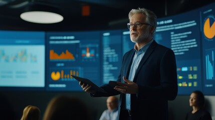 Mature businessman presenting data on a tablet in a modern conference room with large screens showing financial information.