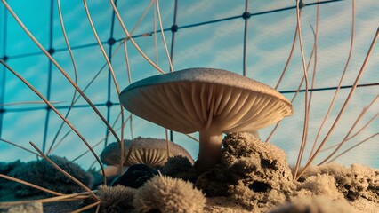 Close-up view of a mushroom growing in sandy soil, surrounded by delicate strands, showcasing intricate textures and natural beauty in a vibrant, illuminated environment