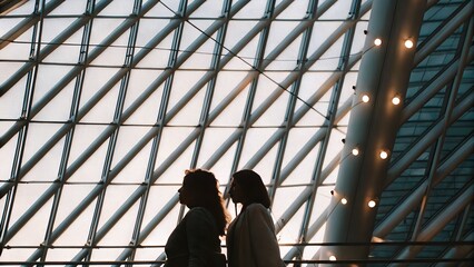 Silhouettes of two women standing against a modern glass structure, with geometric patterns and soft lighting creating an artistic atmosphere of connection and reflection