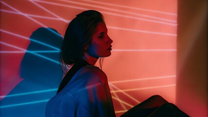 Profile of a young woman with long hair, illuminated by vibrant blue and red lights, casting dynamic shadows against a textured wall, creating a captivating artistic atmosphere