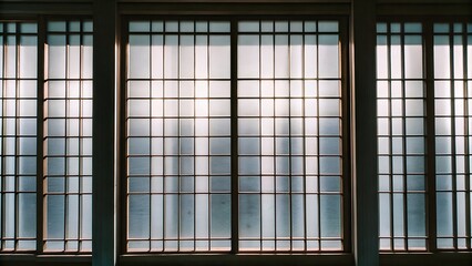 Elegant wooden window design with frosted glass panels, allowing soft light to filter through, creating a serene atmosphere and enhancing interior aesthetics in a modern space