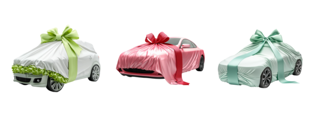 Festive Cars Wrapped in Bows Ready for Celebration and Surprise Gifts