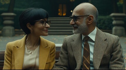 Mature couple in park,  smiling and looking at each other.