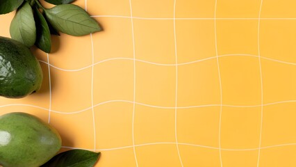 Fresh green avocados with vibrant leaves arranged on a bright yellow background featuring a grid pattern, creating a lively and modern food presentation concept