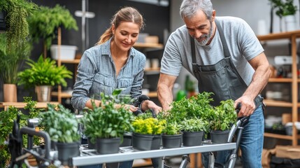 Mature couple working together in a plant shop, arranging potted herbs on a mobile cart.