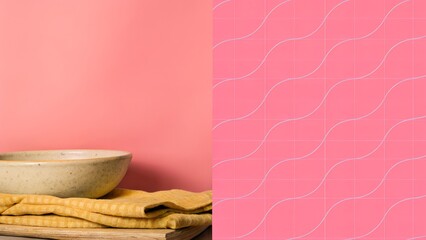 Decorative ceramic bowl placed on wooden surface with vibrant yellow cloth, against a pink background featuring a subtle wave pattern, ideal for culinary or design mock up