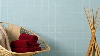 Cozy woven basket filled with soft towels in warm colors, placed beside a decorative wooden stand against a light blue tiled wall, enhancing a serene bathroom atmosphere