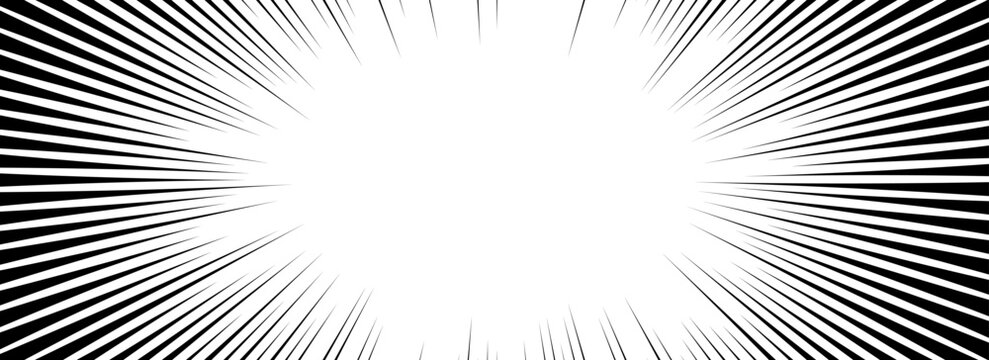 Comic speed lines background. Cartoon book sunburst background. Superhero radial line pattern frame. Manga or anime explosion wallpaper. Pop art flash beams or rays effect. Vector impact backdrop