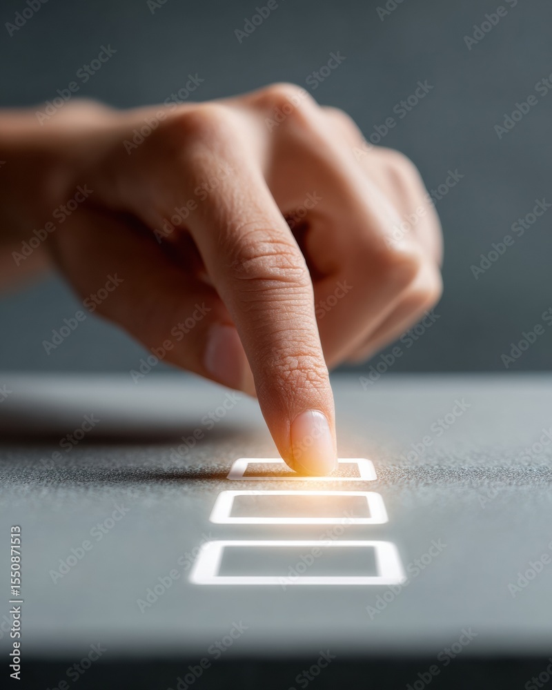 Aufkleber Digital Efficiency Concept Hand Pointing at Glowing Checkbox on Interactive Checklist with Dark Modern Tech Aesthetic for Business Productivity