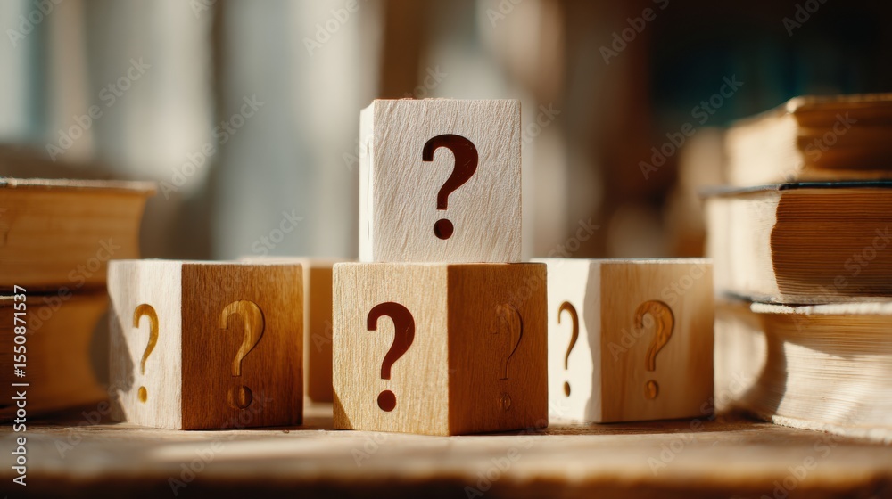 Poster minimalist wooden cubes with single check mark among question marks symbolizing clarity and problem 