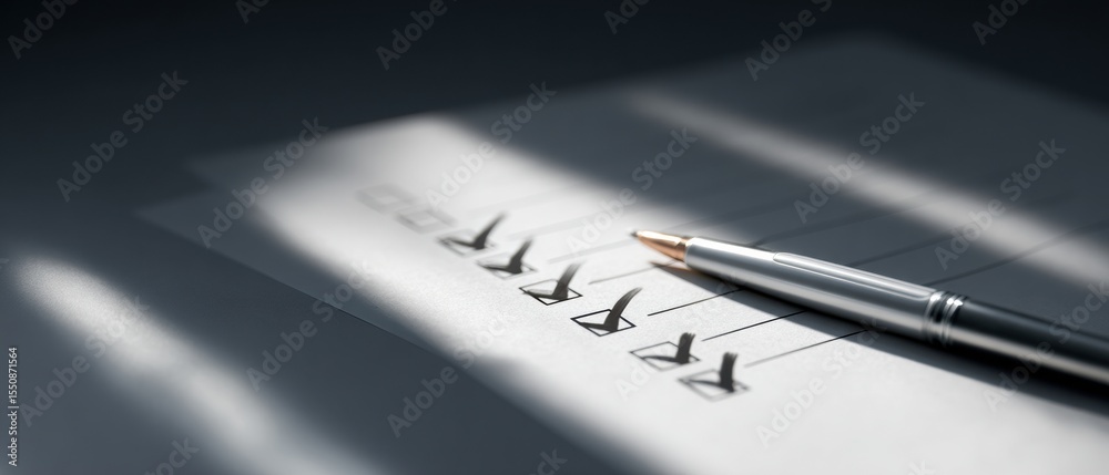 Aufkleber Minimalist Completion Checklist with Pen on Flat Surface, Symbolizing Organized Productivity and Efficient Task Management for Modern Business Innovation