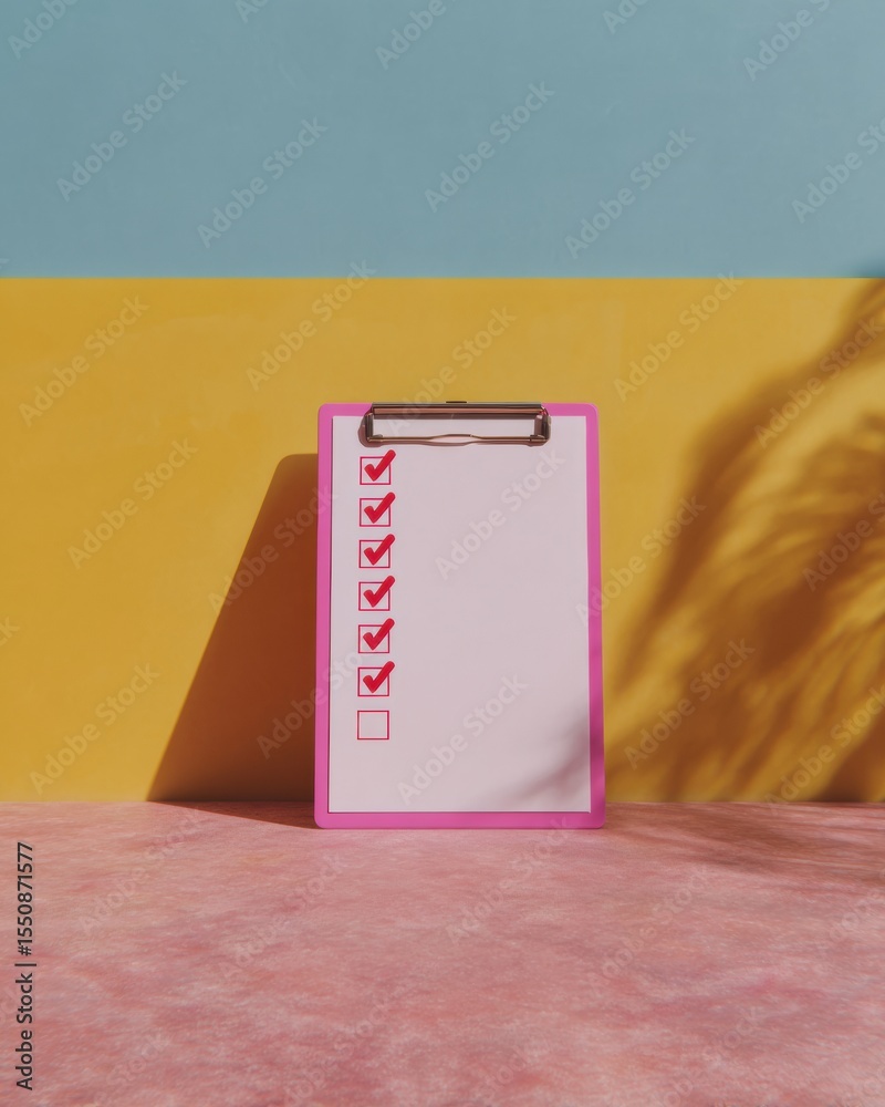 Poster Vibrant Checklist Clipboard with Red Checkmarks on Colorful Desk Background for Productivity and Task Completion in Modern Workspace Efficiency