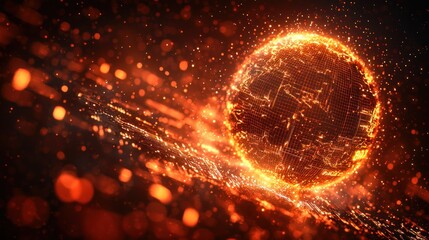 Fiery, digital globe.  Abstract, fiery sphere,  with a network of lines, in a dark background.  Sparkle and glow effects