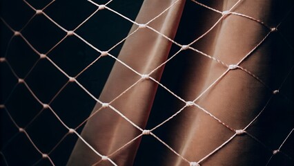 Close-up of a textured fabric draped behind a delicate netting, showcasing intricate patterns and soft colors, creating a visually appealing and artistic composition