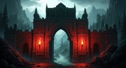 Enchanting Medieval Gothic Archway Entrance to a Mystical Dark Forest Under a Gloomy Sky