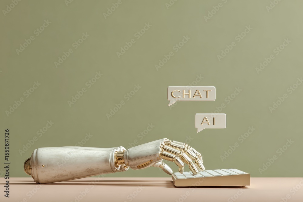 Poster Futuristic Robotic Hand Typing on Keyboard with Chat AI Bubbles Symbolizing Advanced AI Communication and Automation in Modern Tech Workspaces