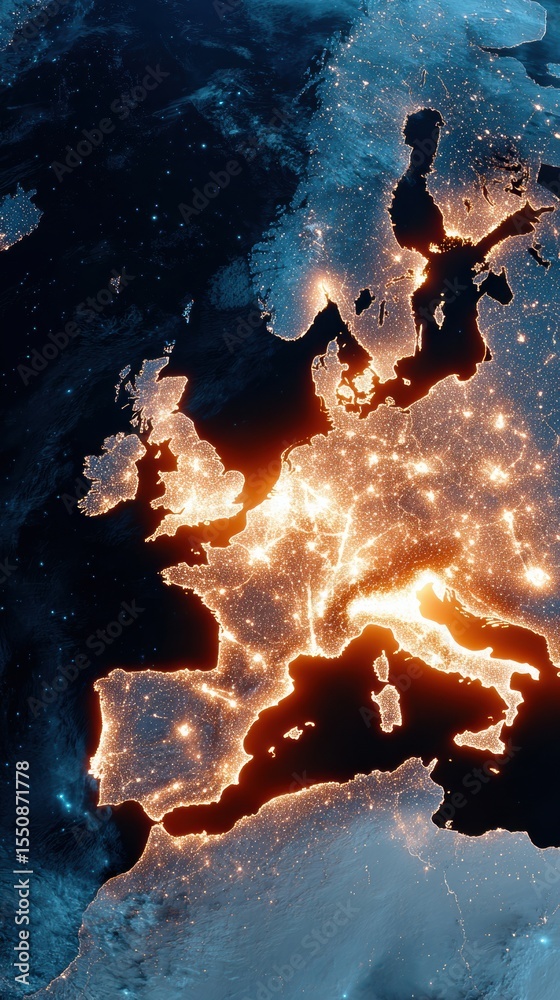 Poster illuminated europe nighttime satellite view with city lights and star clusters - advanced tech conne