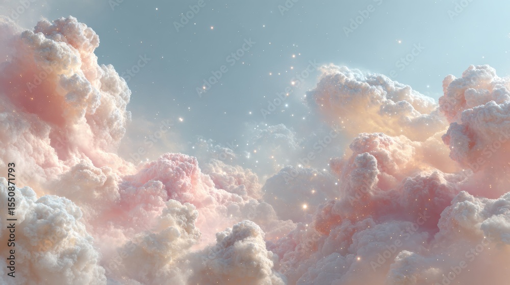 Poster Ethereal Celestial Map with Soft Nebula Clouds and Starry Constellations in Pastel Hues for Scientific and Cosmic Inspiration