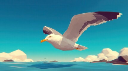 Obraz premium Low-poly seagull soaring against a backdrop of a vibrant blue sky and sea.