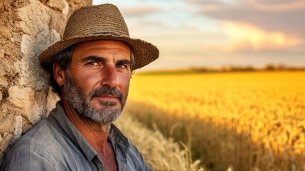 Mature farmer leaning against stone wall in golden wheat field at sunset.