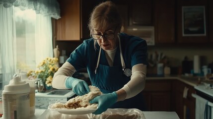 Mature female nurse preparing food in a domestic kitchen.