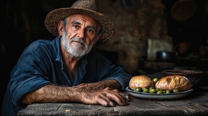 Mature farmer with bread and olives.