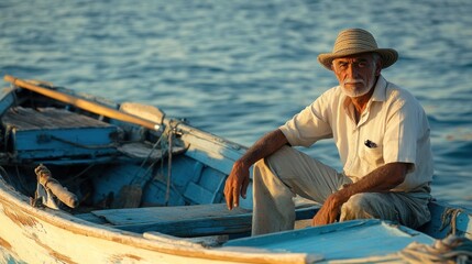 Mature fisherman sits contemplatively in a small wooden boat at sunset on the sea.