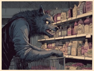 Grocer's customer, a werewolf, browses the shelves.