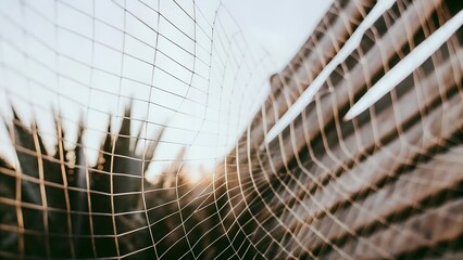 Intricate spider web glistening in soft sunlight, suspended between wooden structures, showcasing delicate patterns and natural beauty in a serene outdoor setting