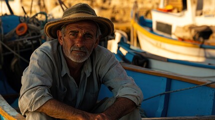Mature fisherman seated in fishing boat at harbor.