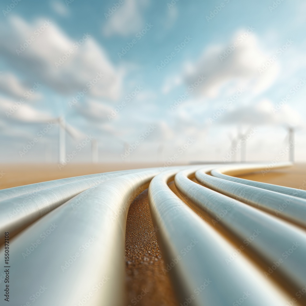 Poster Futuristic Energy Infrastructure with Automated Gas Pipelines and Wind Turbines Showcasing Sustainable Power and Smart Grid Innovation