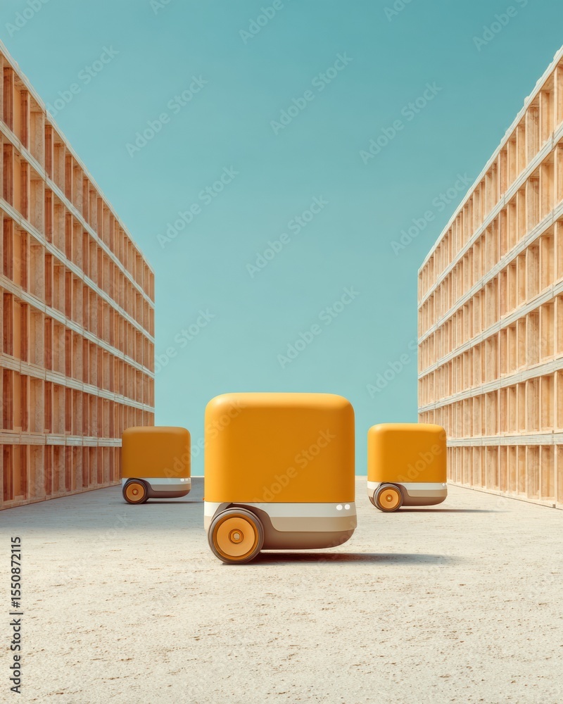 Aufkleber Autonomous Delivery Robots Operating in Modern Warehouse Aisles with Organized Storage Racks Efficient Supply Chain Automation for Logistics Innovation