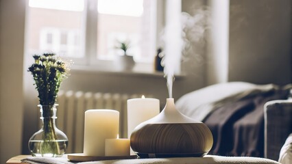 Aromatherapy diffuser emitting steam, surrounded by candles and flowers, creating a serene atmosphere in a cozy bedroom with soft natural light and inviting decor