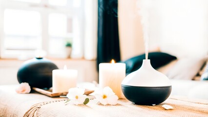 Aromatherapy diffuser with steam, surrounded by lit candles and flowers, creating a serene atmosphere in a cozy living room setting, promoting relaxation and tranquility